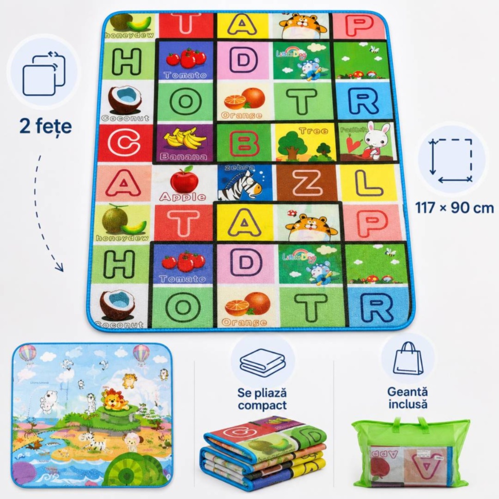Caracteristici covor termic reversibil cu două fețe, dimensiune 117 pe 90 cm și geantă inclusă