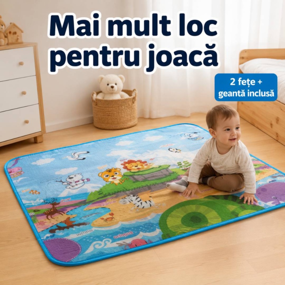 Covor termic reversibil pentru copii cu animale, litere și geantă inclusă