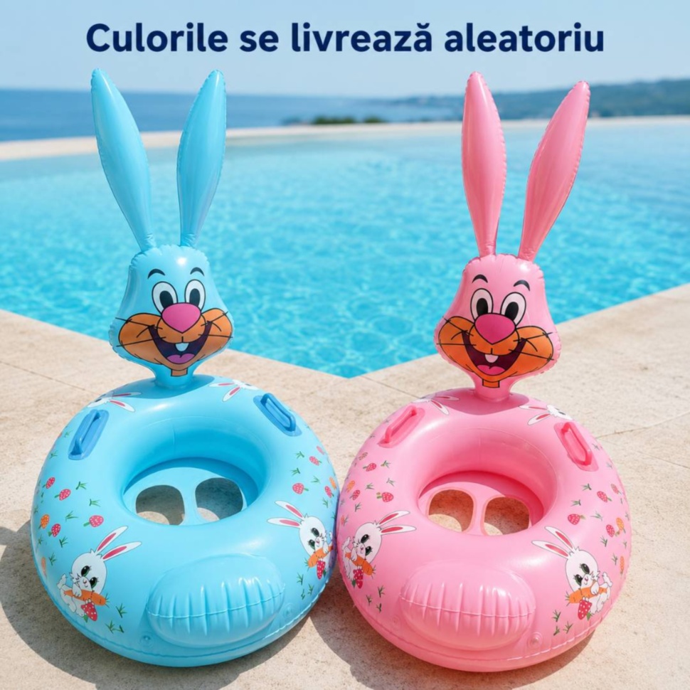 Culorile colacului gonflabil iepuraș se livrează aleatoriu roz sau albastru