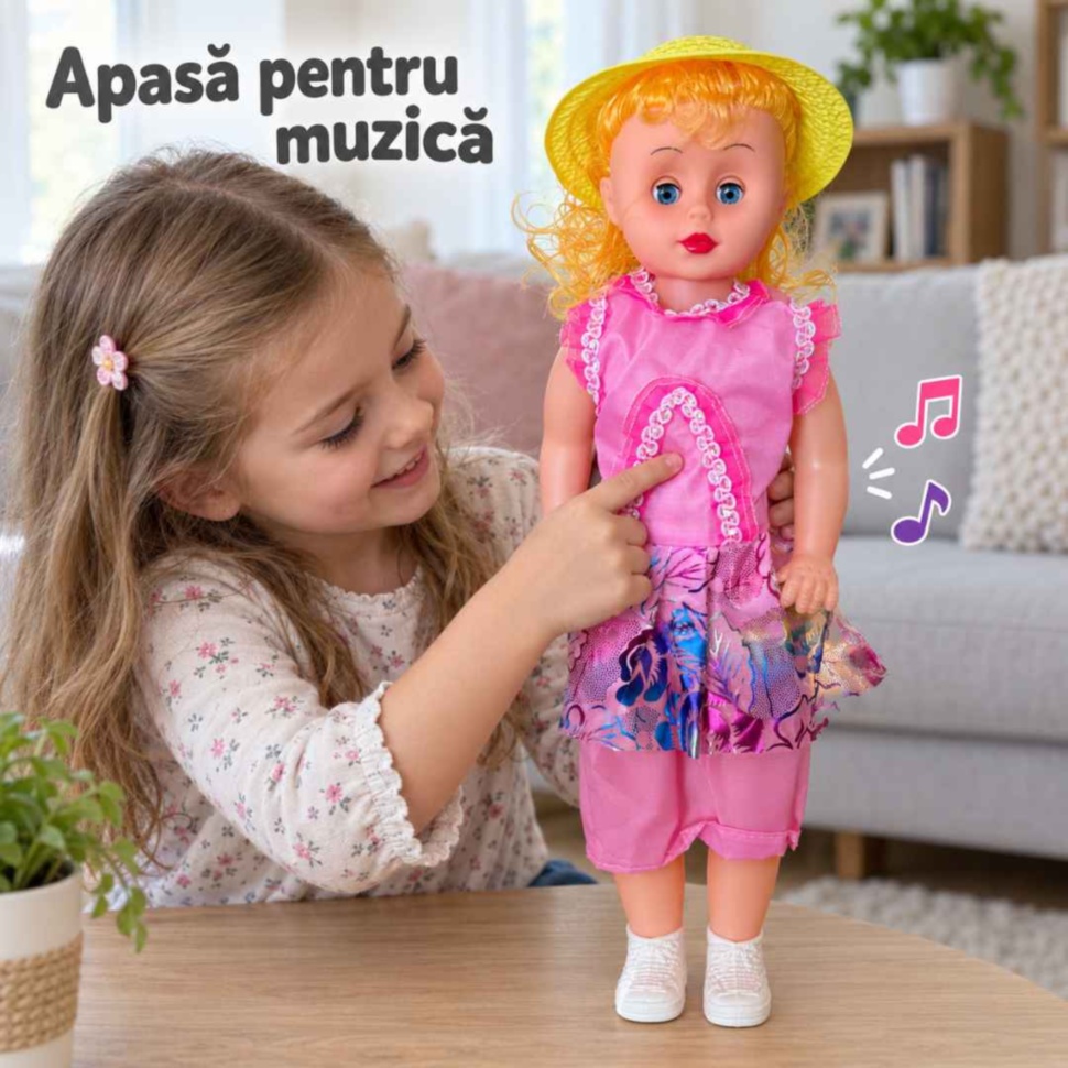 Copil apasă pe pieptul păpușii pentru a porni muzica