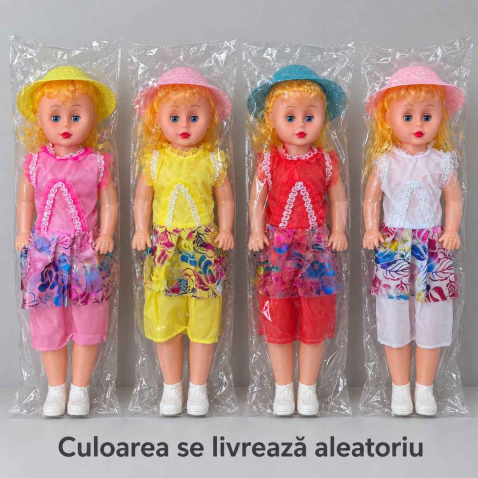 Variante de păpușă cu hăinuțe roz, galbene, roșii sau albe; se livrează o singură păpușă în culoare aleatorie