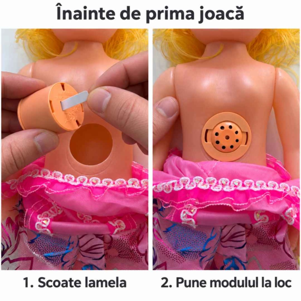 Pregătirea modulului muzical: îndepărtarea lamelei de protecție și montarea la loc în spatele păpușii