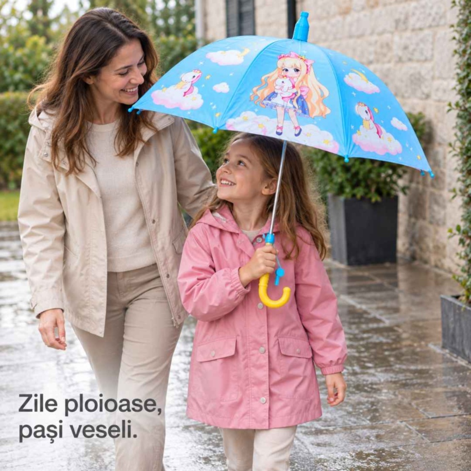 Fetiță alături de mamă, cu umbrela albastră cu prințesă și unicorni deschisă