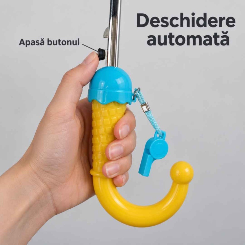 Butonul pentru deschiderea automată a umbrelei pentru copii, lângă mânerul tip înghețată