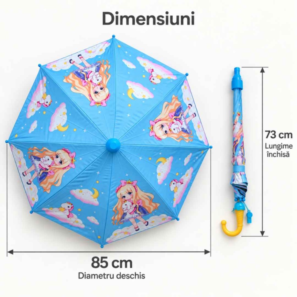 Dimensiunile umbrelei: diametru de 85 cm când este deschisă și lungime de 73 cm când este închisă