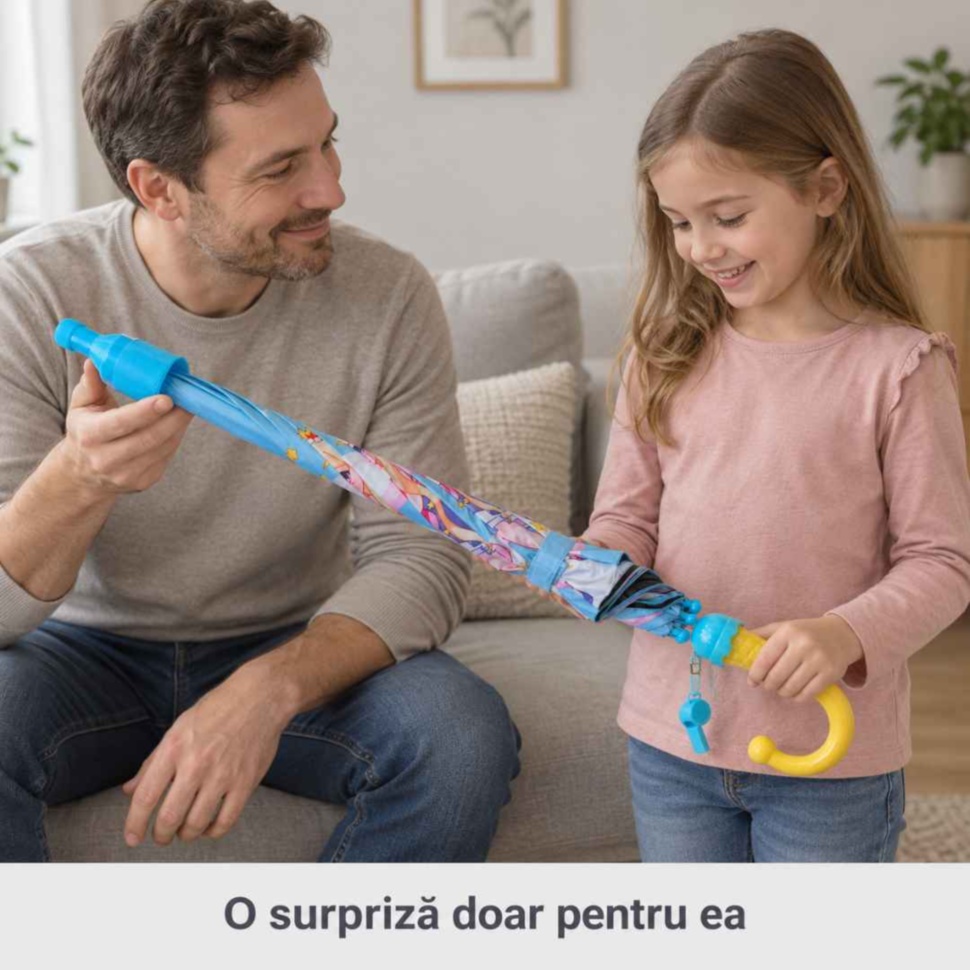 Tată și fiică descoperă împreună umbrela albastră cu protecție telescopică și mâner galben