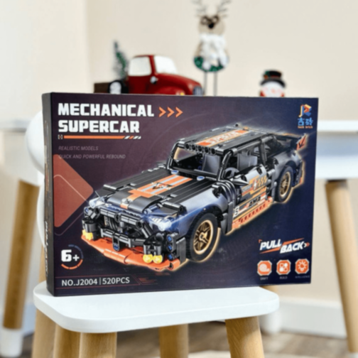 Mașină Supercar Mecanică cu Funcție Pull-Back, Set de 520 Piese 