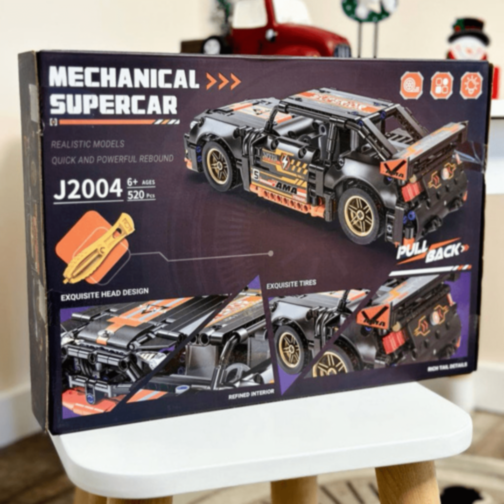 Mașină Supercar Mecanică cu Funcție Pull-Back, Set de 520 Piese 