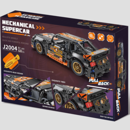 Mașină Supercar Mecanică cu Funcție Pull-Back, Set de 520 Piese 
