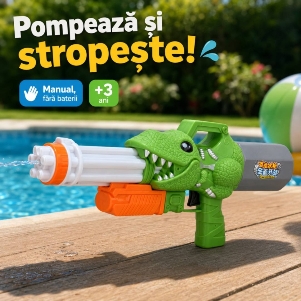 Pistol cu apă dinozaur pentru copii, manual, fără baterii