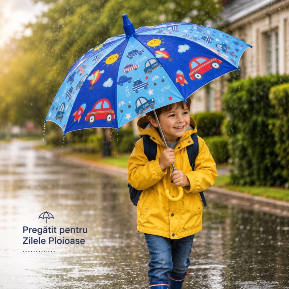 Umbrelă pentru copii cu mașinuțe și rachete, design albastru vesel