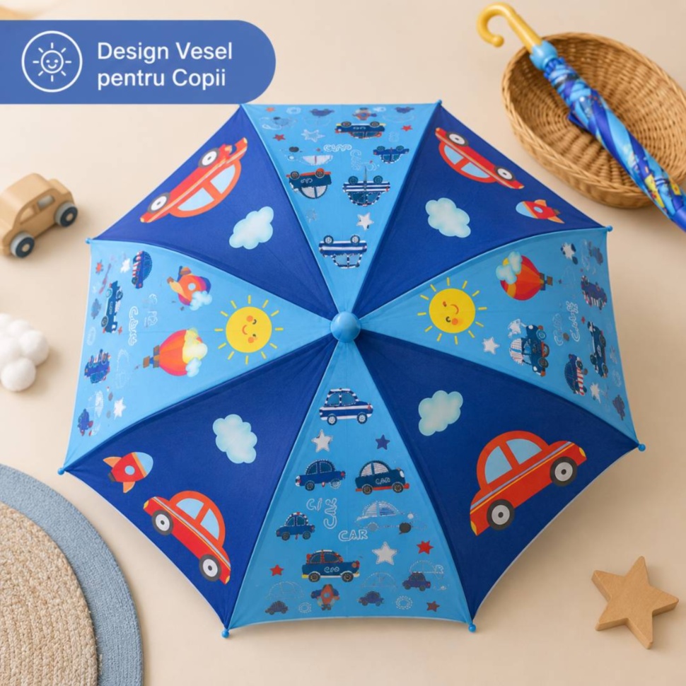 Design complet umbrelă albastră pentru copii cu mașinuțe și rachete