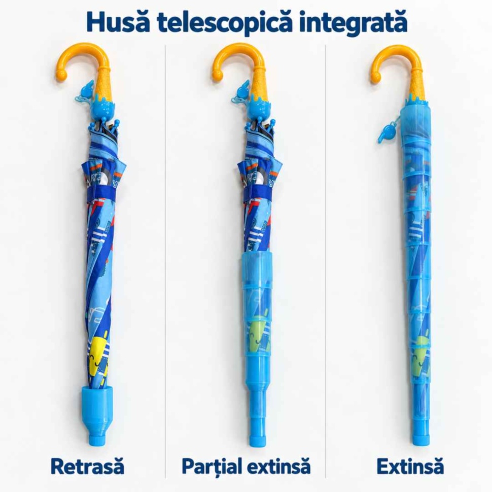 Husa telescopică integrată a umbrelei pentru copii, retrasă, parțial extinsă și complet extinsă