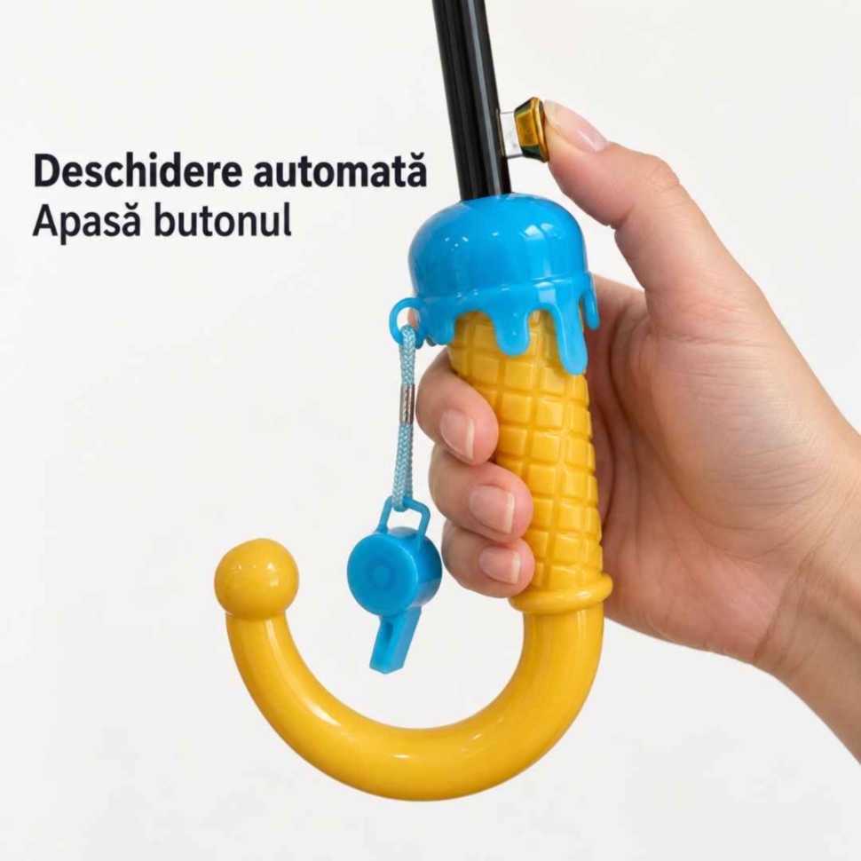 Butonul pentru deschiderea automată a umbrelei și mânerul galben curbat