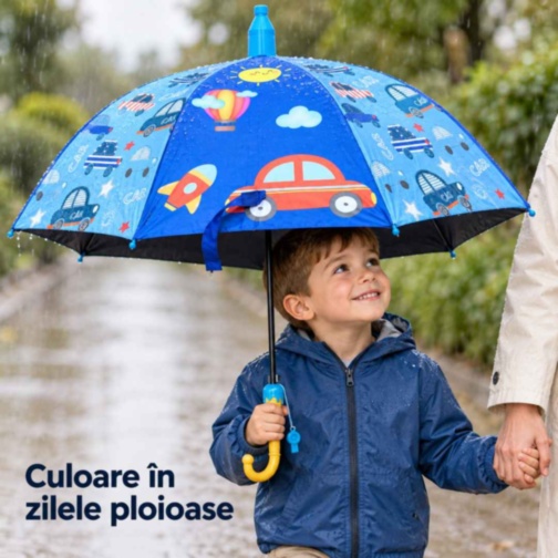 Umbrelă automată pentru copii cu mașinuțe și husă telescopică