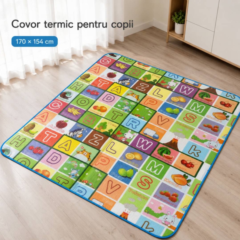 Covor termic reversibil pentru copii cu litere, fructe și animale, 170 × 154 cm