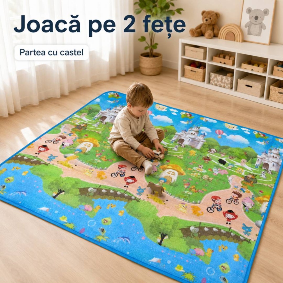Partea cu castel a covorului termic reversibil pentru copii