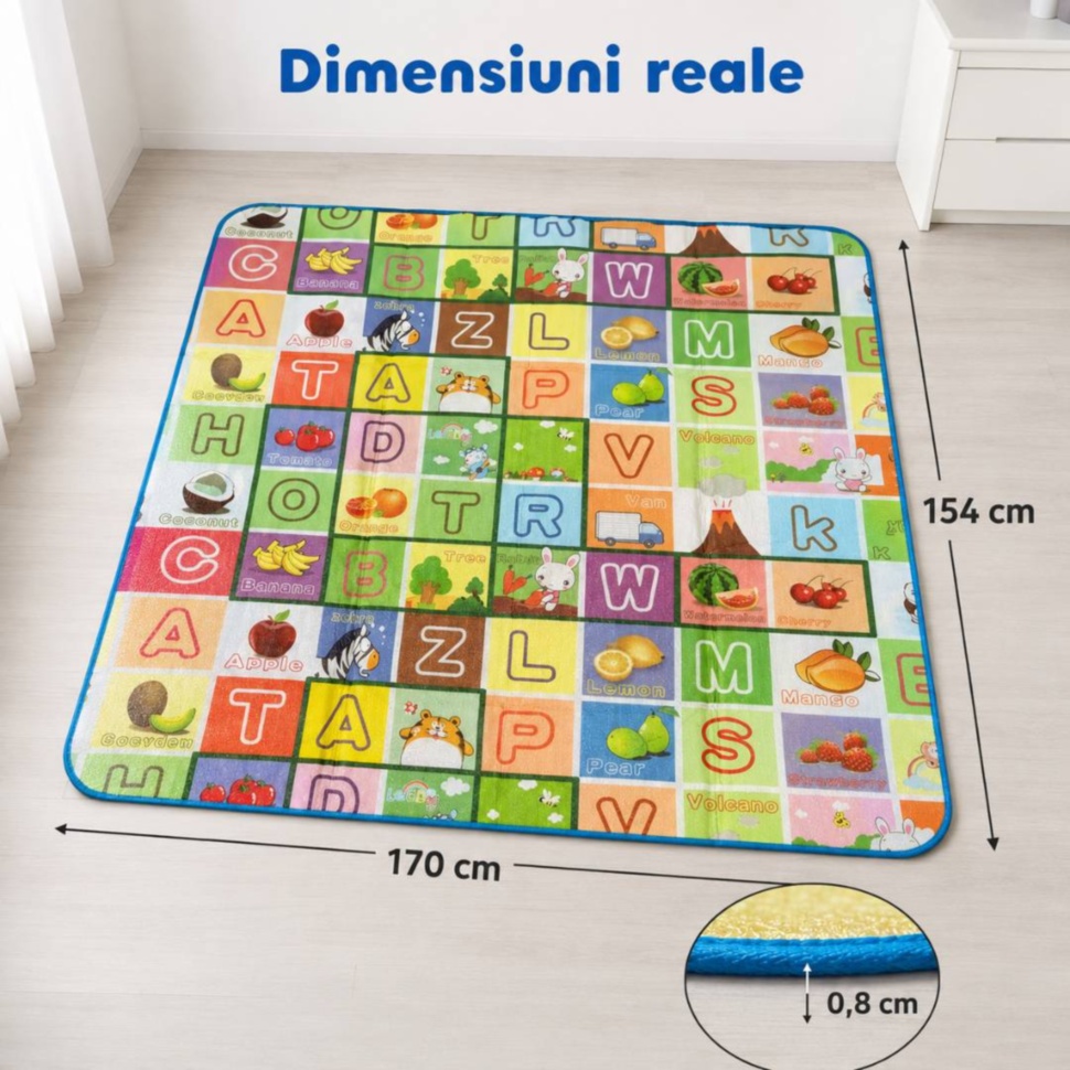 Dimensiuni reale covor termic pentru copii 170 × 154 cm și grosime 0,8 cm