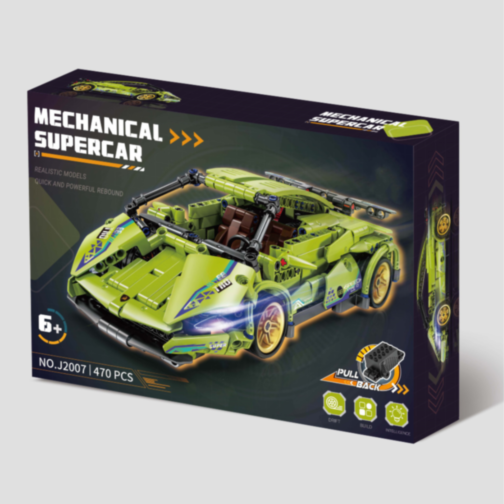 Mașină Supercar Mecanică Verde cu Funcție Pull-Back, Set de 470 Piese 