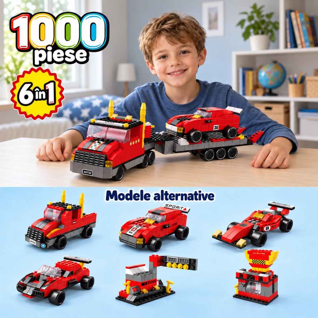 Set de construcție K8832-8 cu 1000 de piese, camion transportor cu mașină de curse și modele alternative