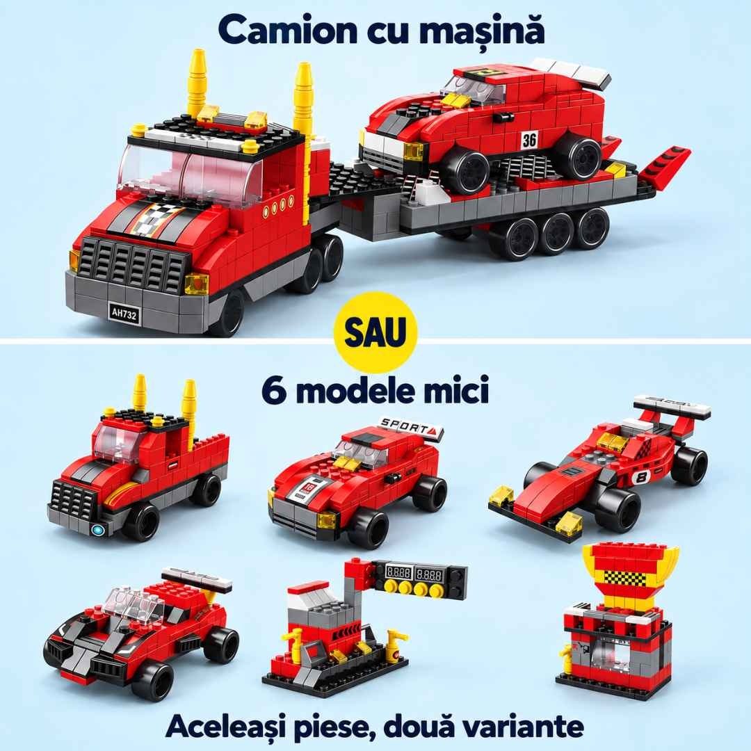 Camion transportor cu mașină de curse sau 6 modele mici, două configurații din aceleași piese