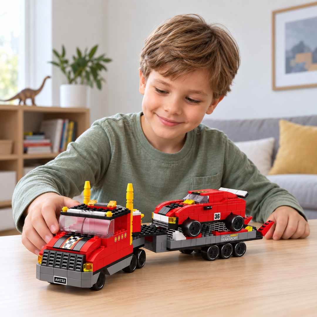 Copil care se joacă la masă cu camionul transportor și mașina de curse construite din piese