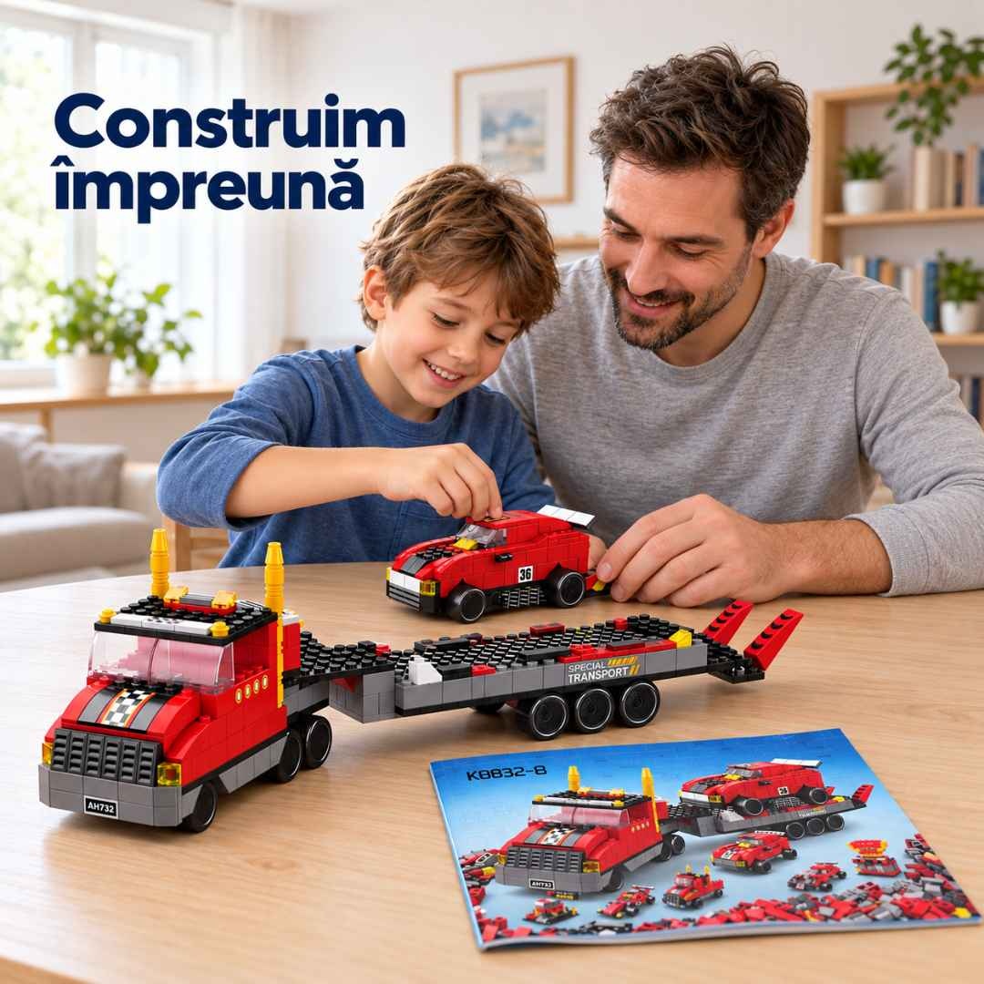 Părinte și copil construiesc împreună camionul transportor și mașina de curse, cu instrucțiunile pe masă