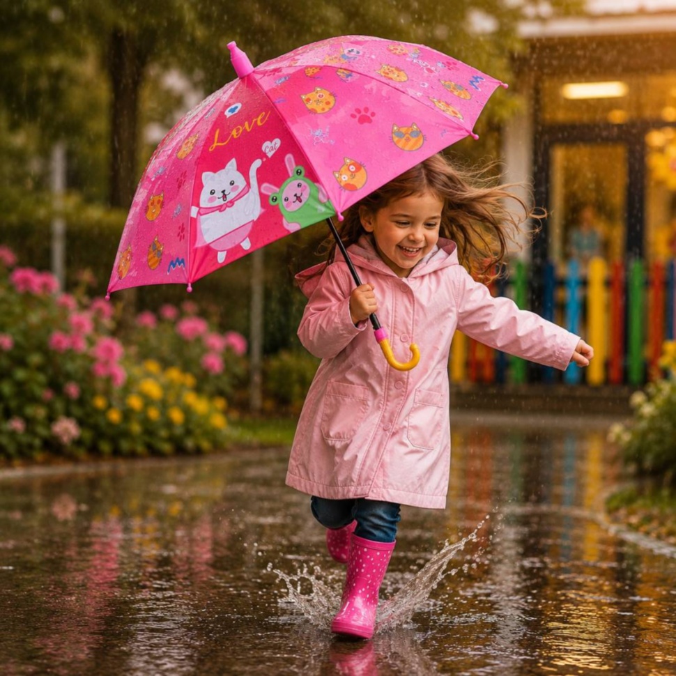 Umbrelă roz pentru copii cu pisicuțe și animăluțe colorate