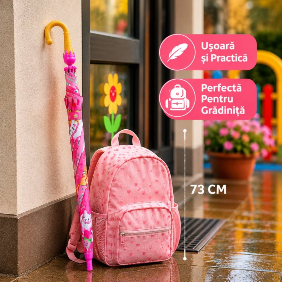 Umbrelă roz pentru copii, ușoară și practică pentru grădiniță