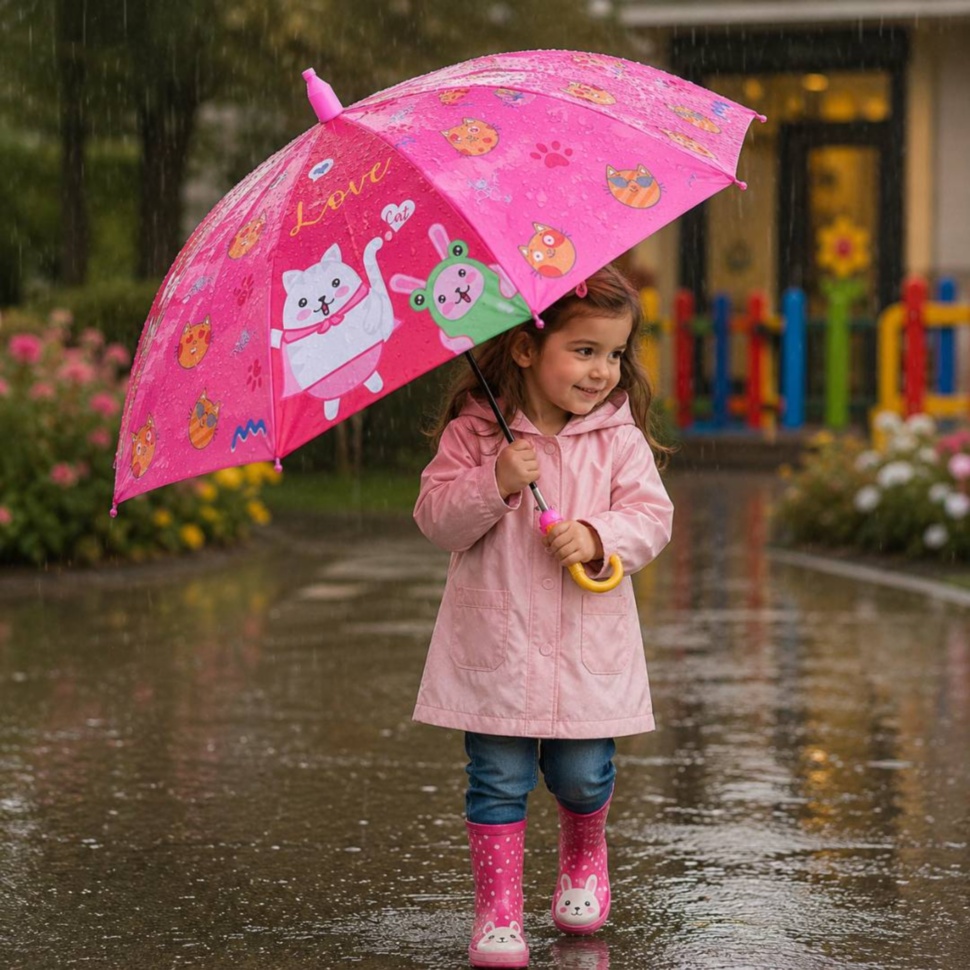 Fetiță cu umbrelă roz pentru copii în zi ploioasă