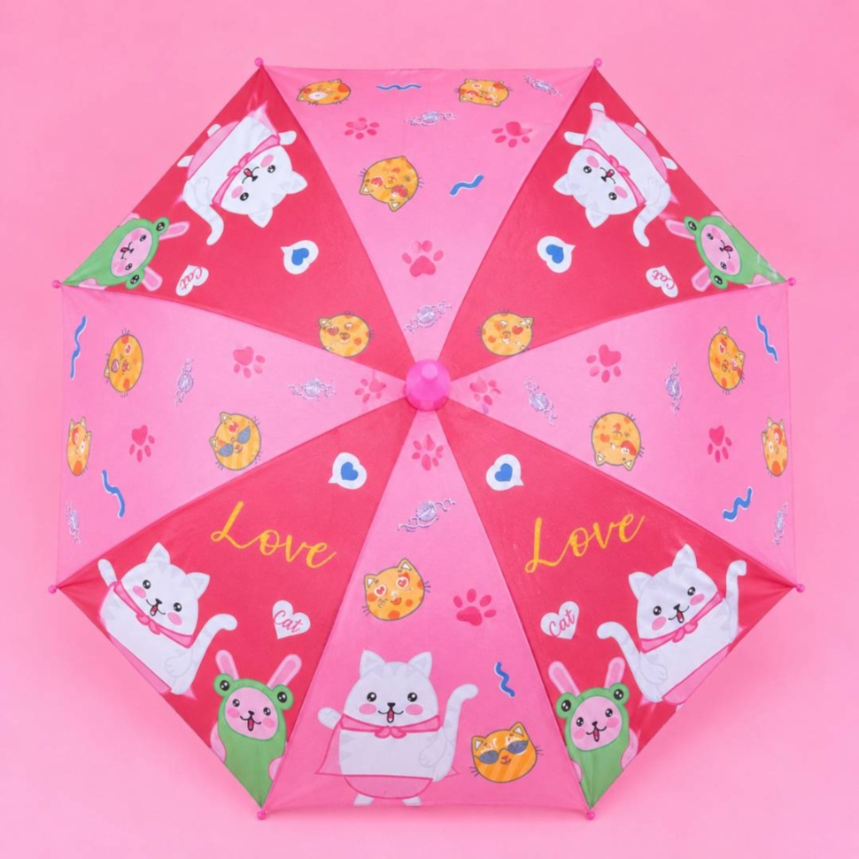 Design complet umbrelă roz cu pisicuțe, animăluțe și inimioare