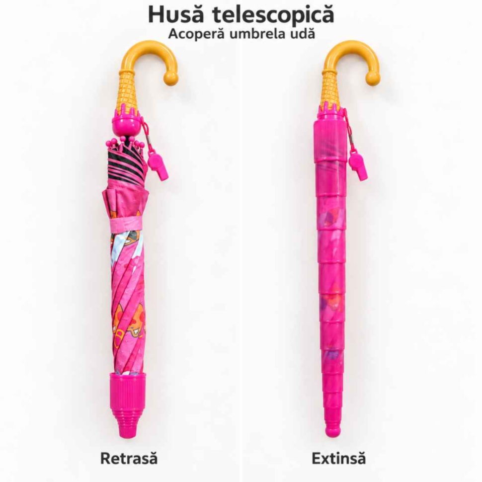 Umbrela roz cu husa telescopică retrasă și extinsă peste materialul strâns