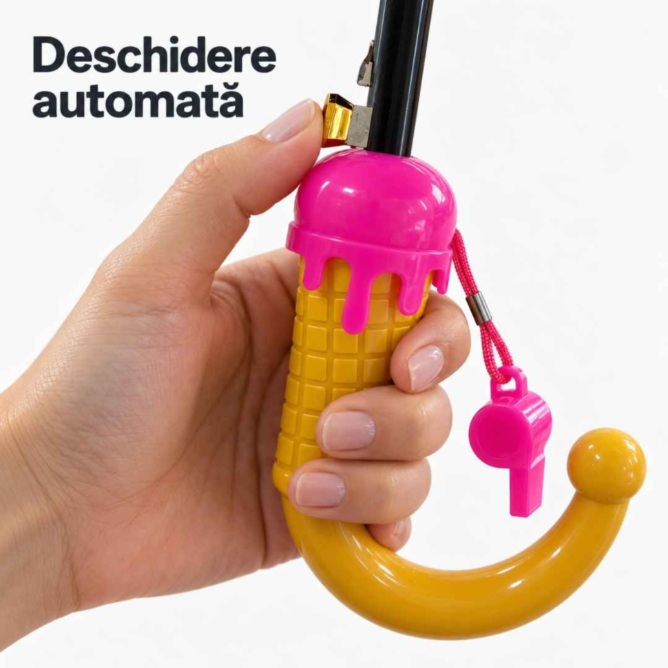 Butonul pentru deschiderea automată a umbrelei roz și mânerul galben texturat