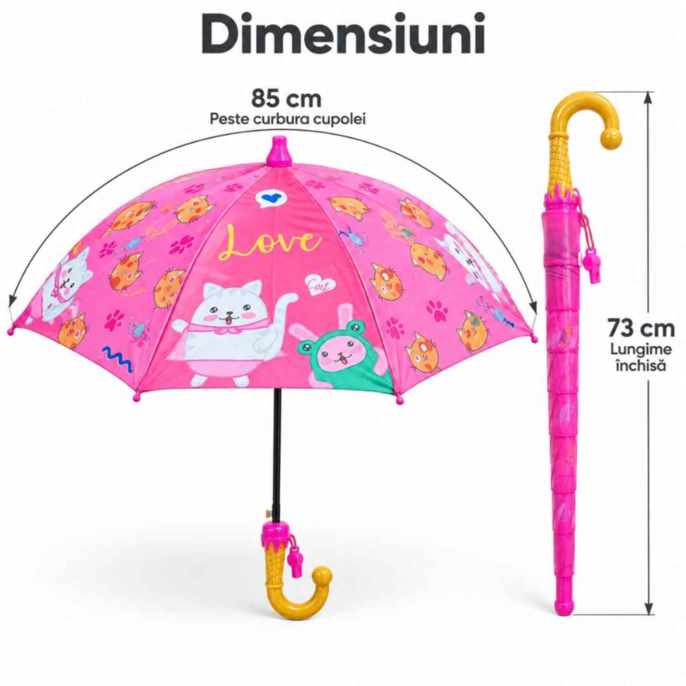 Dimensiunile umbrelei roz: 85 cm peste curbura cupolei și 73 cm lungime închisă