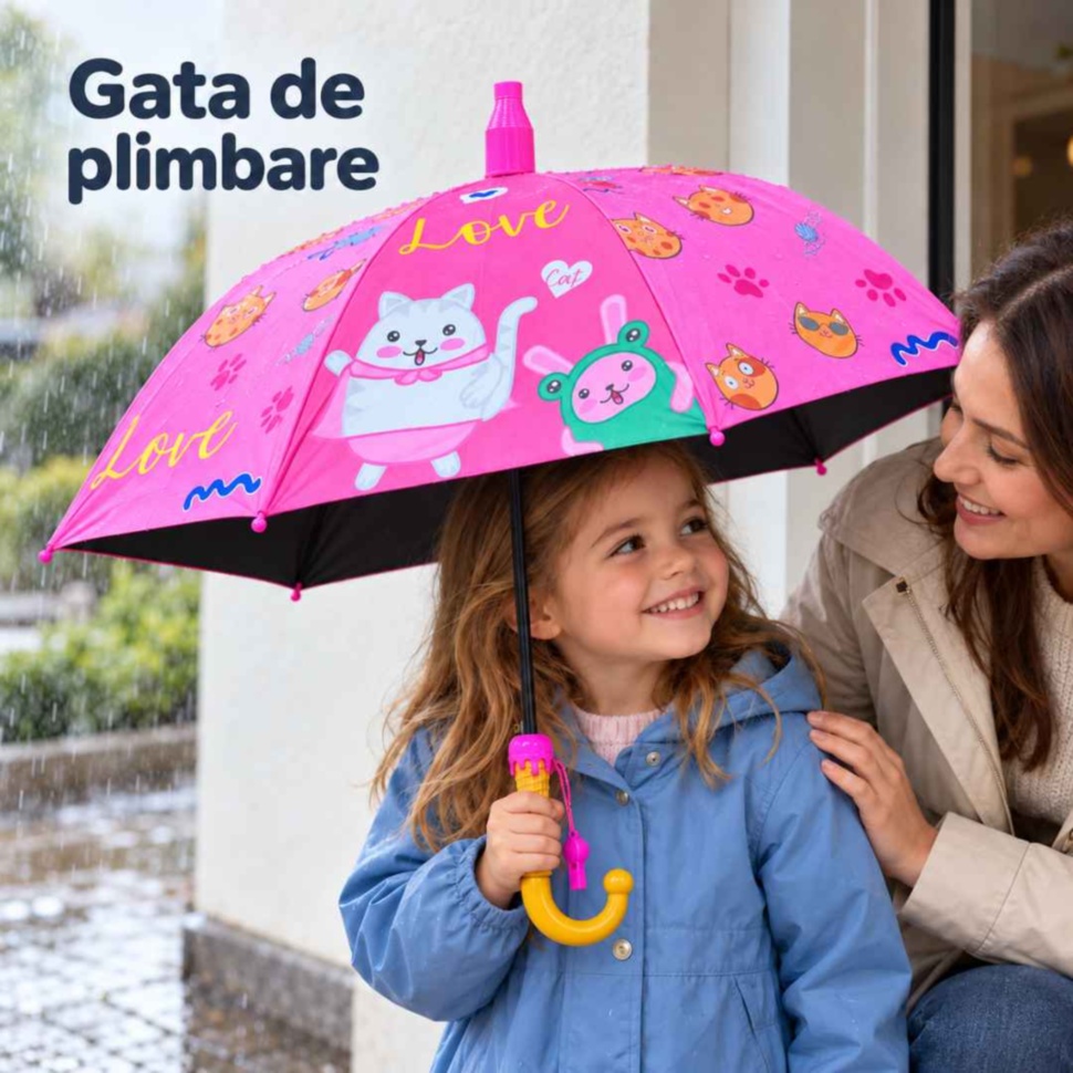 Fetiță și mamă se pregătesc de plimbare cu umbrela roz cu pisicuțe