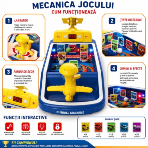 Joc Pinball Interactiv cu Lumini, Sunete și Scor Digital