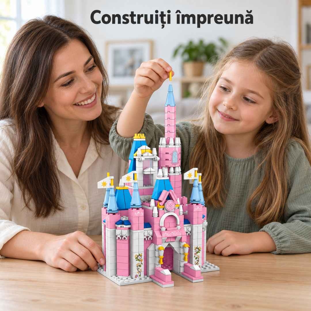 Mamă și copil construiesc împreună turnul castelului roz LELEBROTHER