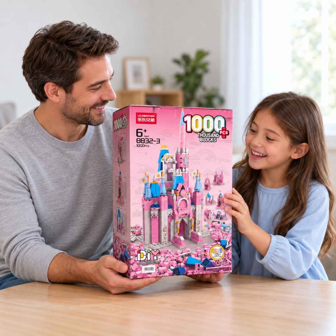Tată oferă copilului cutia setului LELEBROTHER cu castel roz și 1000 de piese