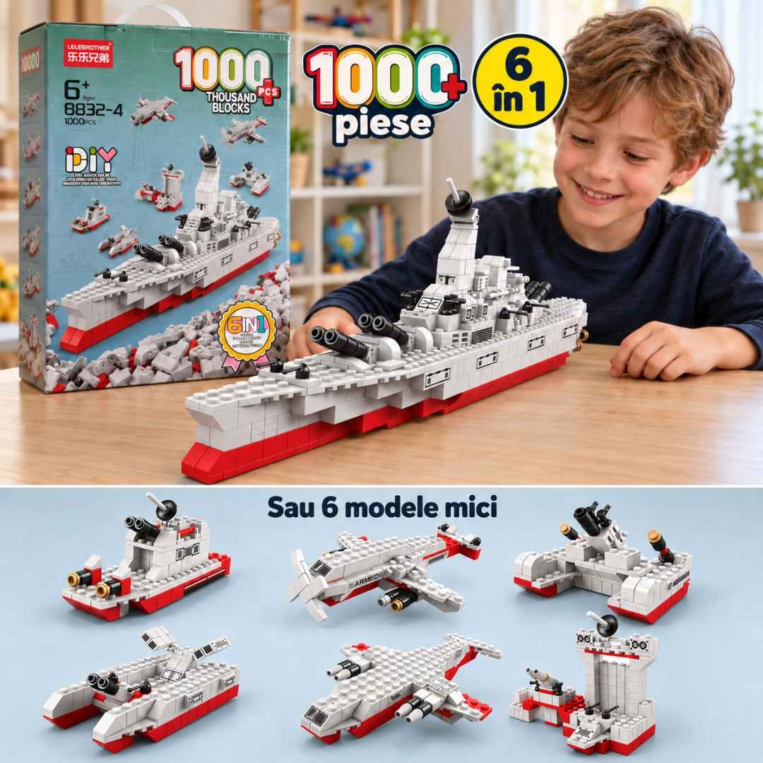 Set LELEBROTHER 8832-4 cu 1000+ piese, navă militară mare și cele 6 modele mici din configurația alternativă