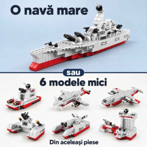 Set construcție 1000+ piese navă militară 6 în 1