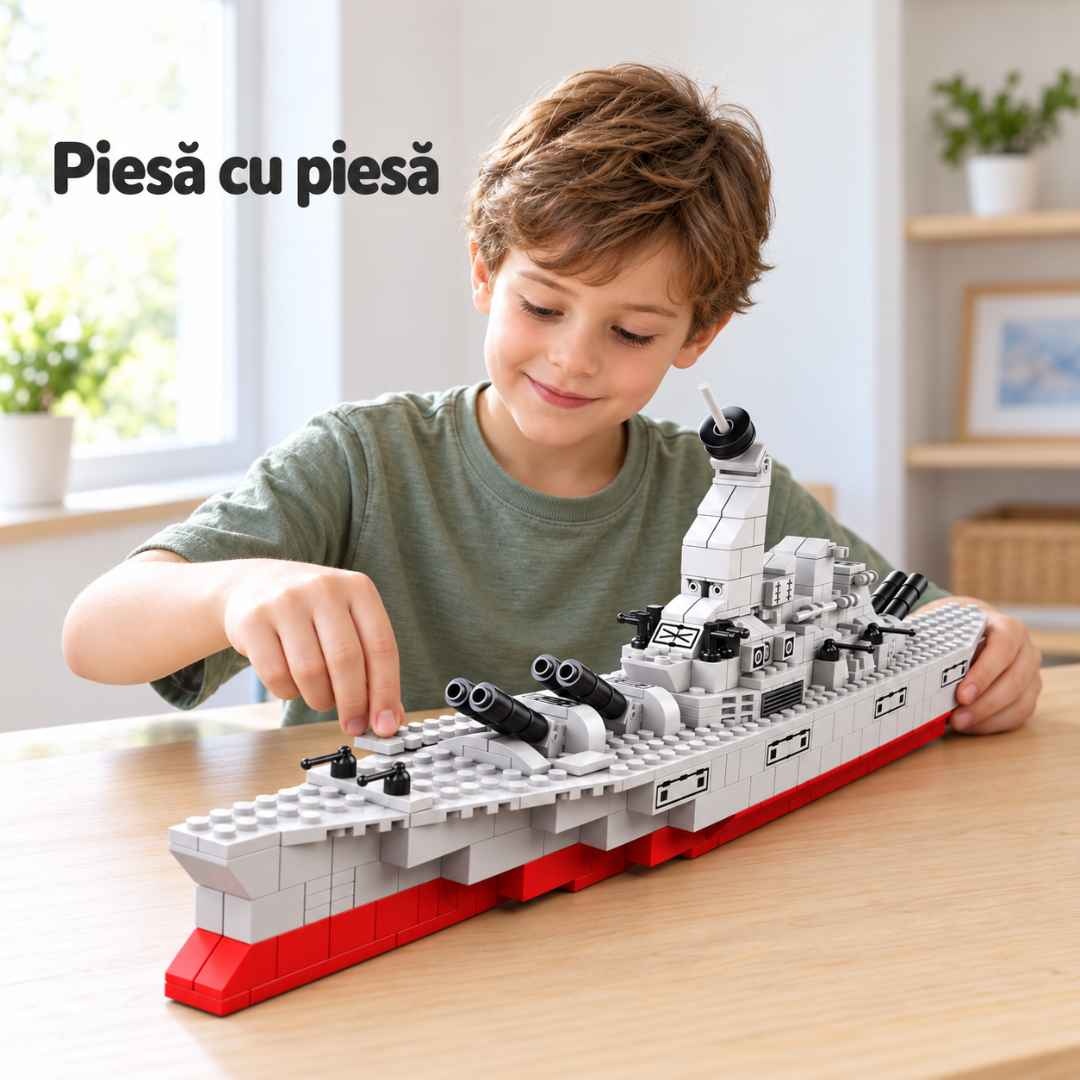Copil asamblează piesele navei militare LELEBROTHER la o masă