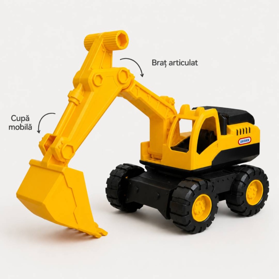 Braț articulat și cupă mobilă ale excavatorului mare de jucărie