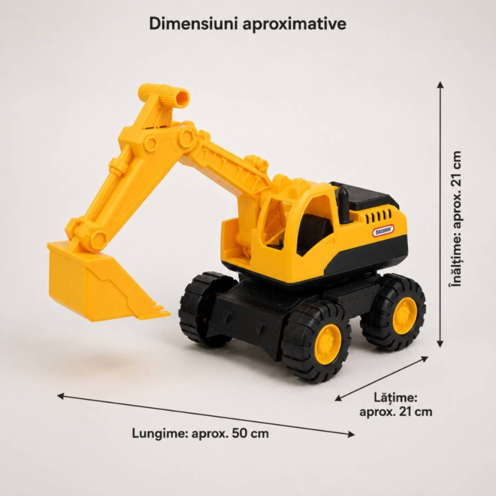 Dimensiunile excavatorului mare pentru copii: aproximativ 50 pe 21 pe 21 cm
