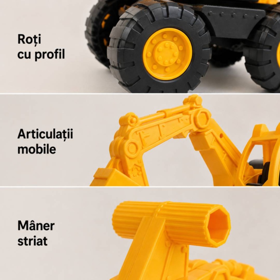 Detalii excavator de jucărie cu roți profilate, articulații mobile și mâner striat