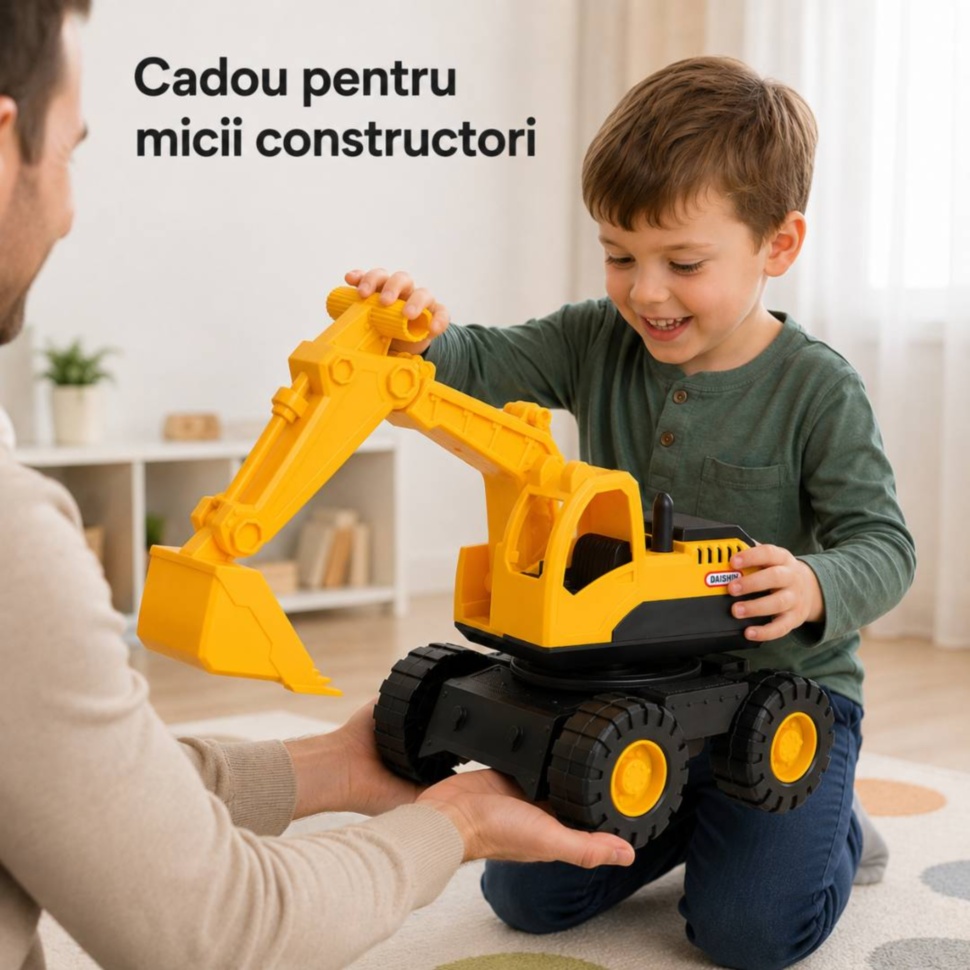 Excavator mare oferit cadou unui copil pasionat de utilaje de construcție