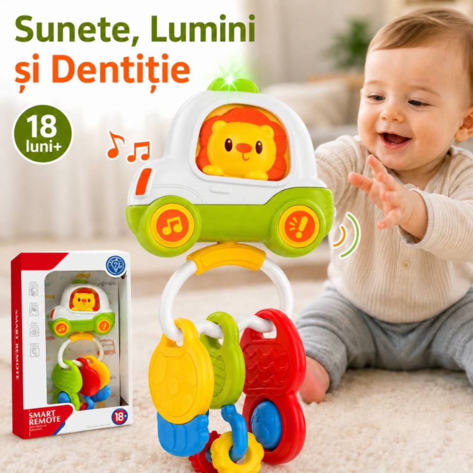 Zornăitoare interactivă pentru bebeluși cu mașinuță leu, lumini, sunete și chei dentare