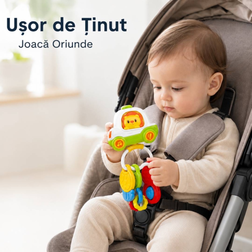 Bebeluș ține zornăitoarea interactivă în cărucior
