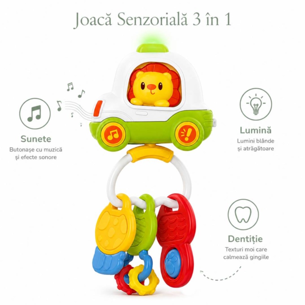 Jucărie senzorială 3 în 1 cu sunete, lumină și elemente pentru dentiție