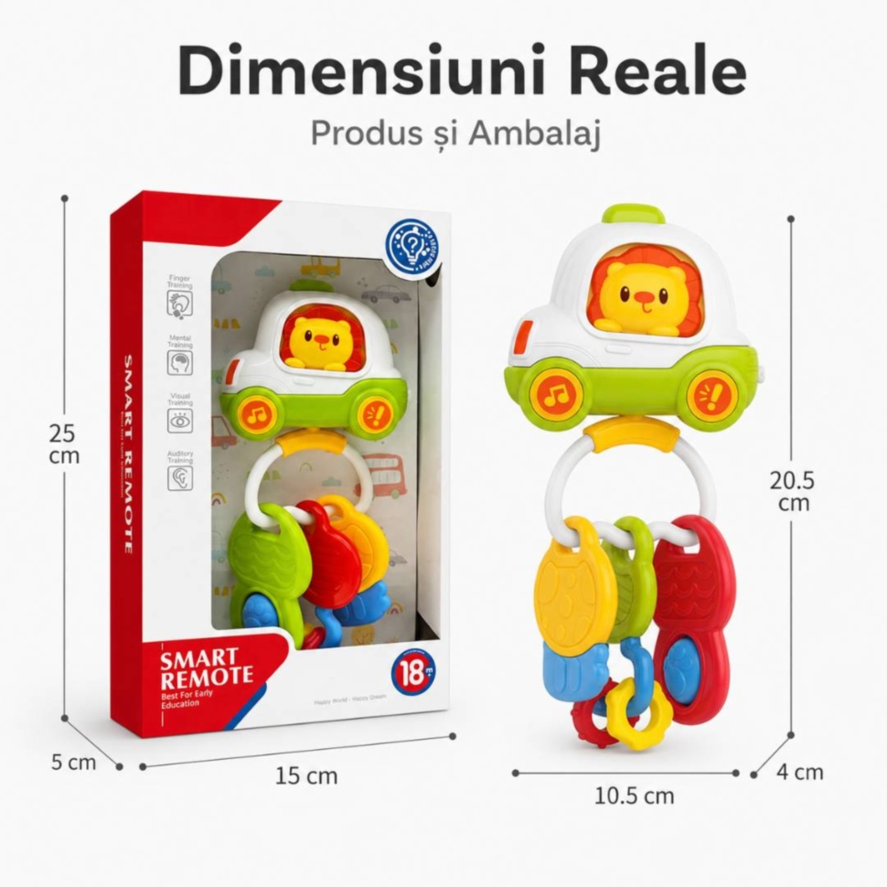 Dimensiuni reale produs și ambalaj pentru zornăitoare interactivă
