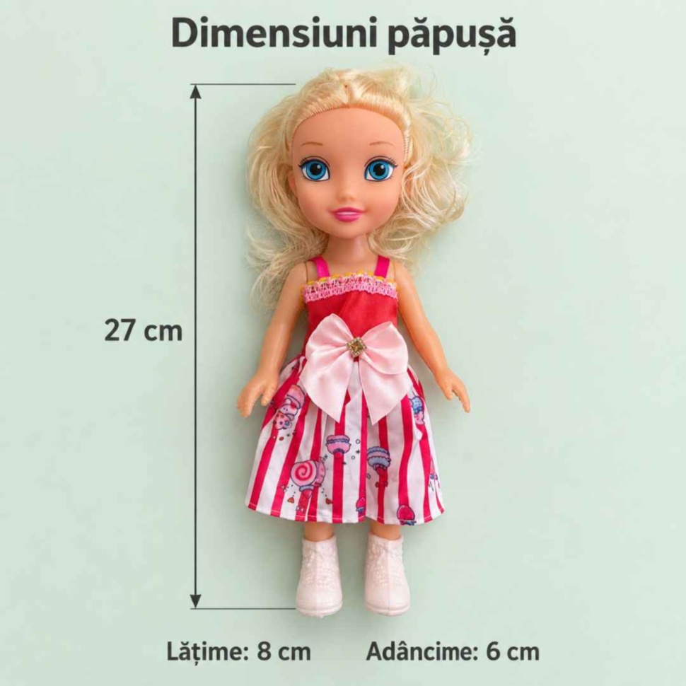 Dimensiunile păpușii Sweet Girl: înălțime 27 cm, lățime 8 cm și adâncime 6 cm